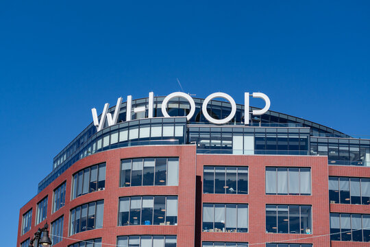 Boston, MA, US-April 8, 2026: Sign at the Whoop headquarters building in Kenmore Square.