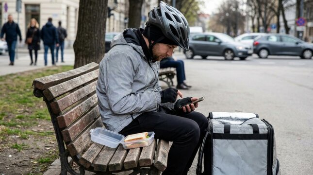 Delivery worker in helmet checks phone while sitting on park bench with food bag