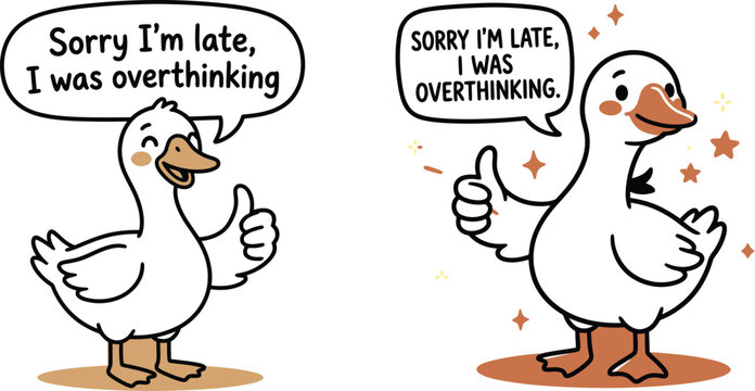 Cartoon duck apologizing for overthinking illustration set