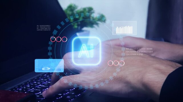 Businessman hand typing on laptop with artificial intelligence interface, AI icon and digital data visualization, representing smart technology concept.