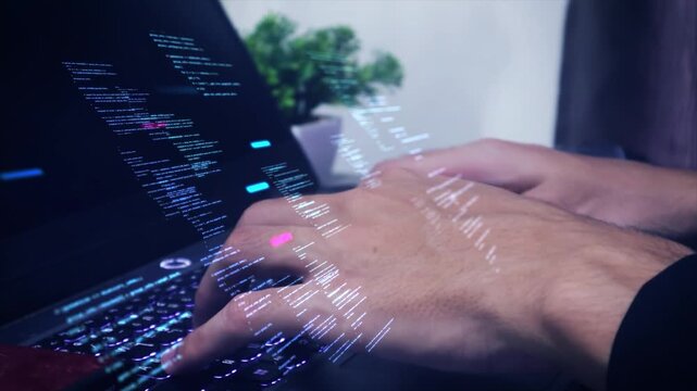 Developer typing on laptop with glowing blue data stream and abstract programming code technology background.