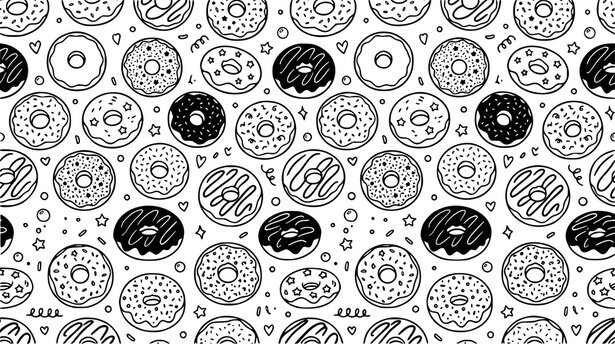 Seamless black and white donut pattern vector bakery background illustration