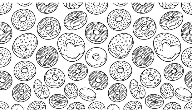Black and white seamless donut pattern vector dessert illustration