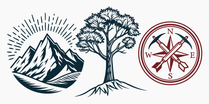 Triptych of mountain range with sunburst a lone tree with exposed roots a compass with crossed pickaxes symbolizing adventure mining nature mountains adventure