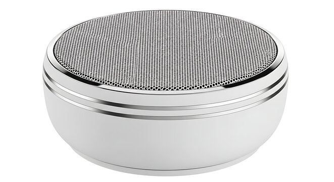 Modern small portable wireless bluetooth speaker with a metallic silver finish and a top mesh grille for playing music in a clean minimalist style for home or travel