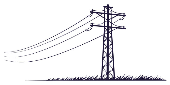 Electrical power line pylon silhouette with wires standing in grass against a white background graphic illustration high voltage power pole utility pole electricity