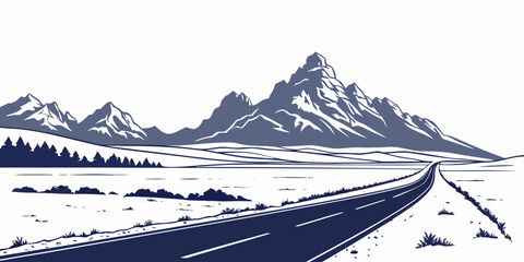 Straight road towards jagged mountains and sparse vegetation with country road graphic resources straight countryside mountains landscape outdoors adventure © Mamun