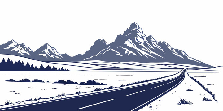 Straight road towards jagged mountains and sparse vegetation with country road graphic resources straight countryside mountains landscape outdoors adventure