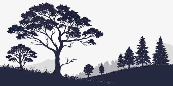 A graphic landscape featuring silhouetted trees and rolling hills with distant mountains pine tree broadleaf tree black and white tree line landscape silhouette