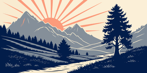 Stylized sunrise over majestic mountains and pine forest with winding river digital art sun rays mountains landscape coniferous evergreen countryside wilderness © Mamun