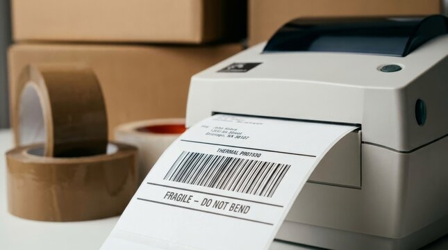 Shipping label printing from thermal printer with tape and boxes