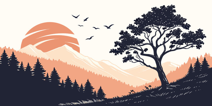 Sunset silhouette of a lone tree and mountains with flying birds over a vast landscape forest silhouette mountains landscape outdoors adventure stylized