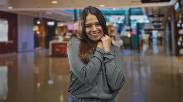 Young hispanic woman clasping hands near neck and smiling inside a busy shopping mall building; warmth comfort happiness.