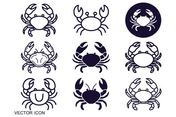 Obraz premium Nine stylized blackwhite crab icons in monochromatic monoline design showcasing various orientations for branding and logo applications
