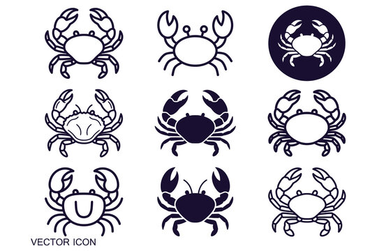 Nine stylized blackwhite crab icons in monochromatic monoline design showcasing various orientations for branding and logo applications