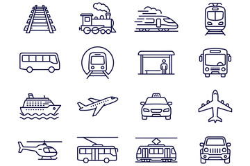 Collection of twelve diverse transportation icons in clean black line art style showcasing trains buses ships airplanes helicopters for travel branding design © Vector Classic 