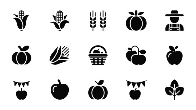 Set of 15 Black Harvest and Autumn Food Icons Vector