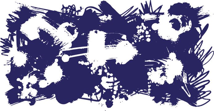 A deep navy blue and white abstract pattern featuring messy ink splatters, artistic brush strokes, and distressed textures in a seamless doodle style.