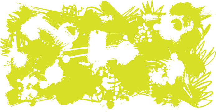 A vibrant yellow and white abstract pattern featuring messy ink splatters, artistic brush strokes, and distressed textures in a seamless doodle style.