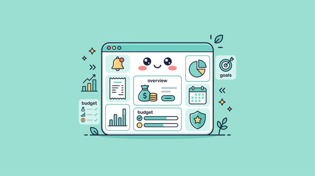 Kawaii Style Financial Budgeting Dashboard Illustration with Cute Cartoon Interface for Money Management and Savings Tracking