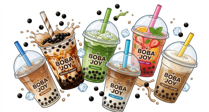 Assorted realistic boba tea beverages with tapioca pearl splash and takeaway cups vector illustration isolated on white background