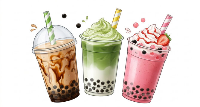 Realistic bubble tea drinks with tapioca pearls creamy milkshake and iced coffee vector illustration isolated on white background
