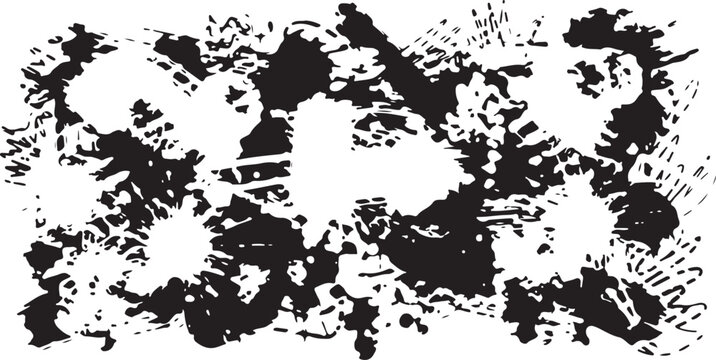 A bold black and white abstract pattern featuring messy ink splatters, artistic brush strokes, and distressed textures in a seamless doodle style.
