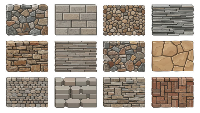 Isometric Modern Landscape Architecture CAD Hatch Pattern Vector Set of Stone Wall and Masonry Texture Elements Collection Isolated on White