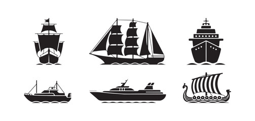 Collection of Ship and Boat Silhouettes Including Sailing Vessel Cruise Ship and Viking Longship © Shohag