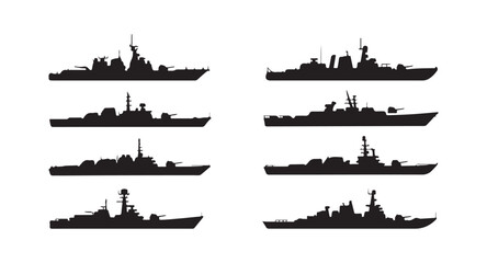 Various Military Ship Silhouettes for Design and Illustration © Shohag