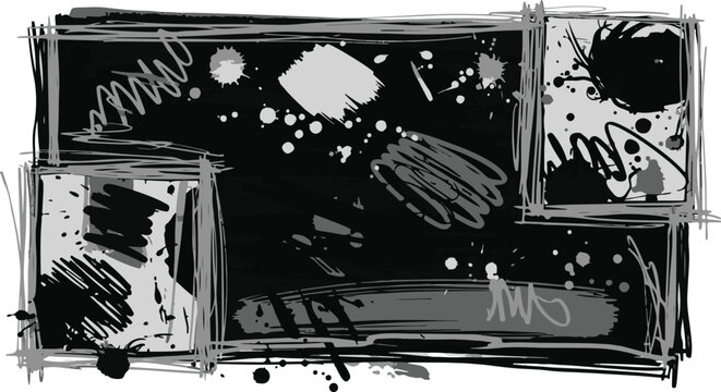 A layered artistic background featuring a dark center framed by messy brush strokes, ink splatters, hand-drawn scribbles, and distressed rectangular borders in a grayscale style.