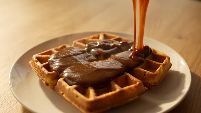 Carob syrup pouring over golden waffles on a white plate. Delicious carob based dessert preparation.