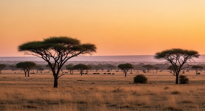 Serene African Savanna Landscape at Sunset with Acacia Trees and Wildlife Grazing
