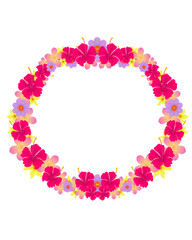 Colorful summer flowers wreath circle border with pink hibiscus and plumeria  © Atiwat