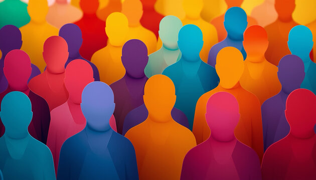 Colorful abstract silhouettes forming a diverse group against vibrant gradient background