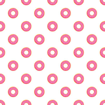 Sweet pink donuts arranged in a repeating seamless pattern