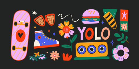 Colorful illustration of a skateboard hamburger and various playful elements © Piku