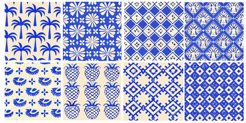 tropical seamless patterns with palm trees pineapples and floral motifs © Piku