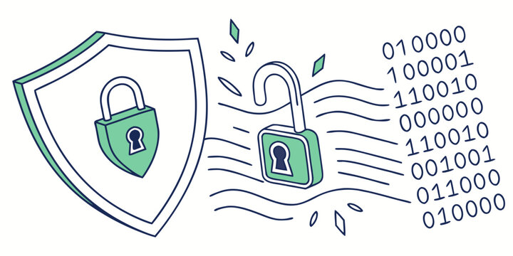 Digital security concept with a shield and unlocked padlock next to flowing binary data illustrating data access encryption or security vulnerability security internet