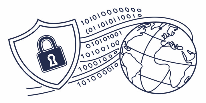 Global cyber security illustration with earth globe protected by shield and padlock over binary data stream security cybersecurity protection internet information