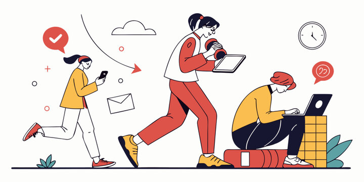 Concept of multitasking and productivity in a busy office environment with women working on laptops using phones and carrying tasks in a flat illustration style, business