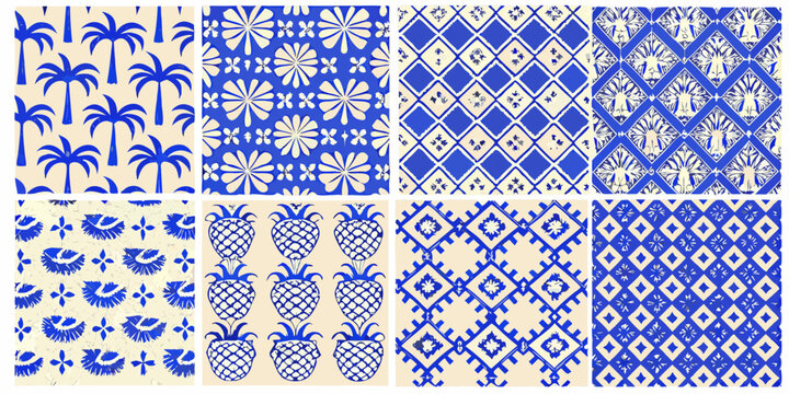 tropical seamless patterns with palm trees pineapples and floral motifs
