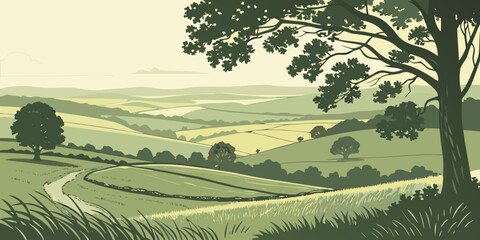 Panoramic illustration of a rolling green countryside landscape with farmland fields and oak trees in a minimalist vector style landscape countryside agriculture © AG