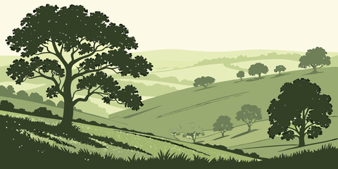 Green vector illustration of rolling hill countryside with scattered trees and pastoral farmland in a graphic style countryside landscape illustration outdoors © AG