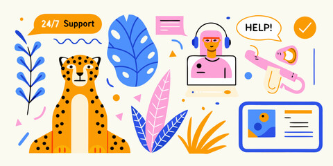 colorful illustration of customer support with cheetah and help desk agent © Piku
