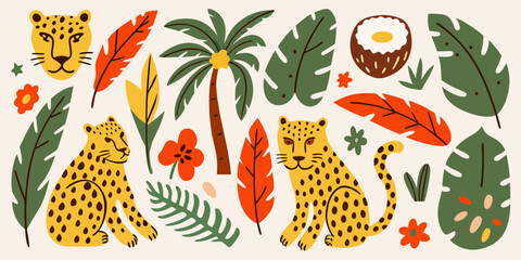 Tropical illustration with leopards palm leaves and floral elements © Piku
