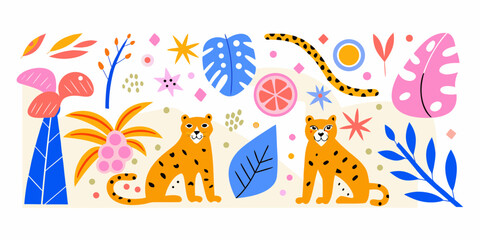 Tropical illustration with leopards and lush foliage vibrant vector design © Piku