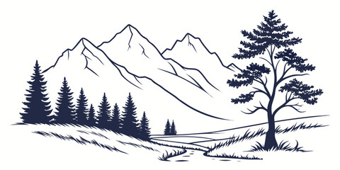 Serene mountain landscape sketch featuring winding path valley and coniferous forest with lone tree in foreground mountain landscape wilderness adventure exploration © AG