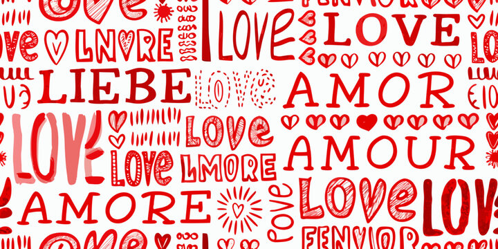 Seamless pattern featuring the words love and amore in red