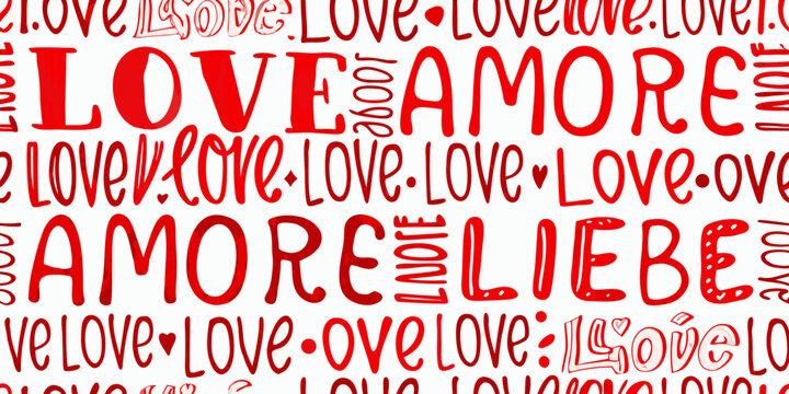 Seamless pattern featuring the words love amore and liebe in red
